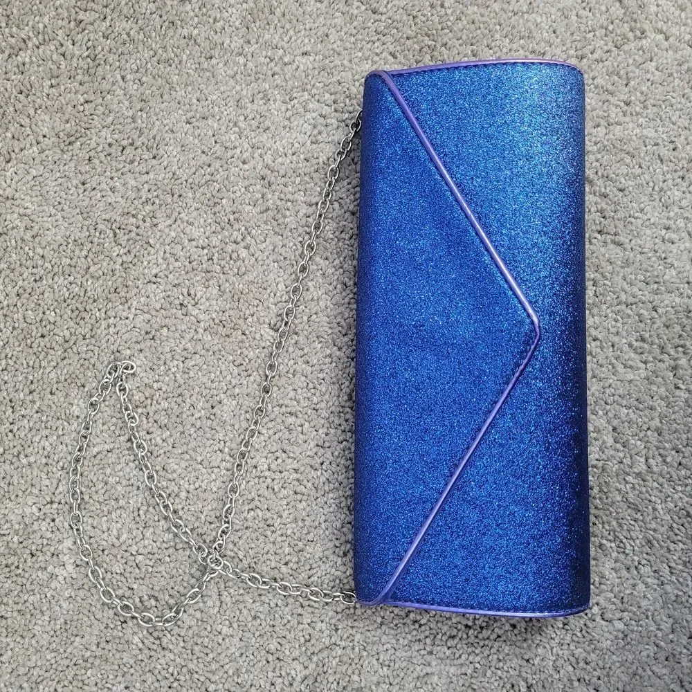 dazzling sapphire blue glitter snap clutch with  strap